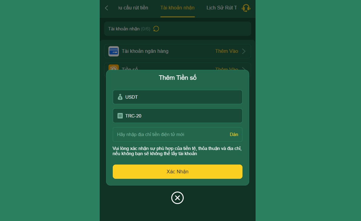 Hướng Dẫn Rút Tiền EV88 Đơn Giản Trong 1 Phút 3 Dán địa chỉ ví USDT TRC20 vào ô trống nếu rút tiền EV88 bằng tiền số