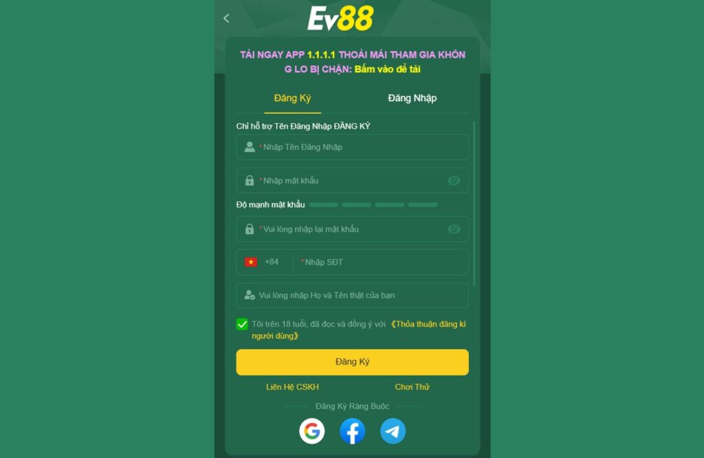 Hướng Dẫn Đăng Ký EV88 Thành Công Nhận Ngay 188K 2 Form điền thông tin đăng ký EV88