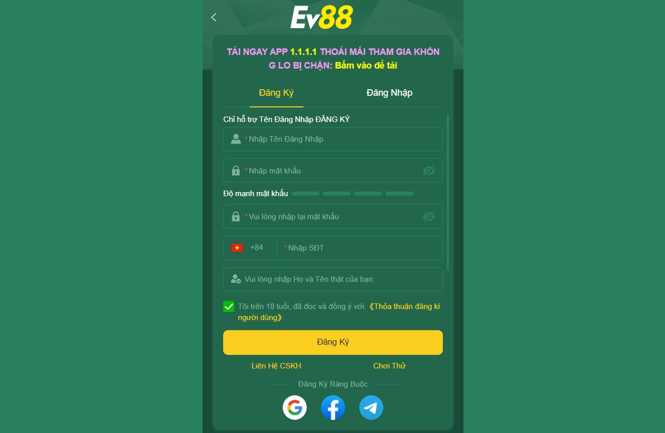 EV88 27 Form điền thông tin đăng ký EV88