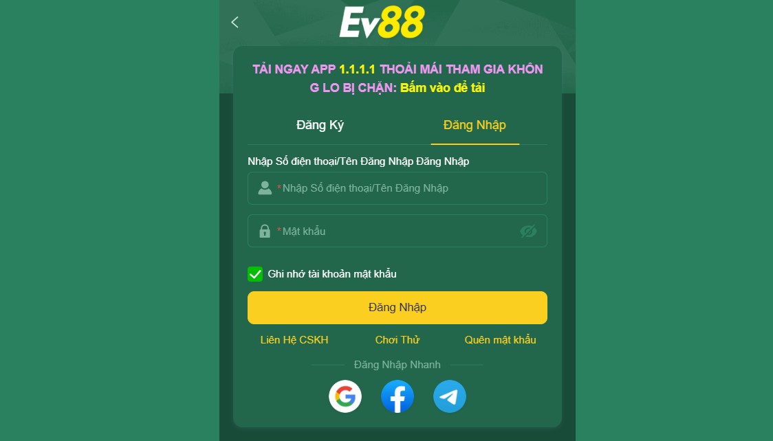 EV88 28 Form điền thông tin đăng nhập vào tài khoản EV88