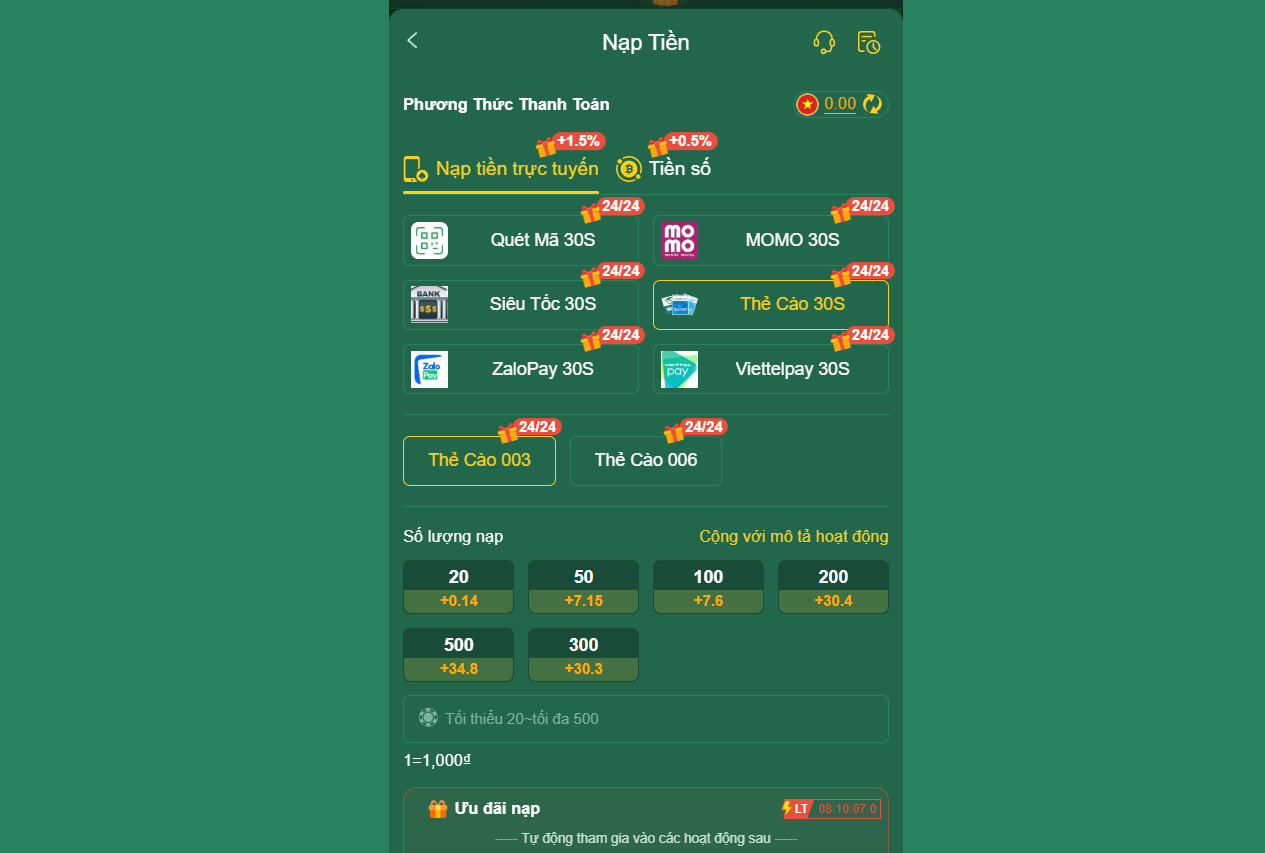 Hướng Dẫn Nạp Tiền EV88 Cực Nhanh, An Toàn 4 Giao diện nạp tiền EV88 bằng thẻ cào điện thoại yêu cầu tối thiểu 20000 đồng